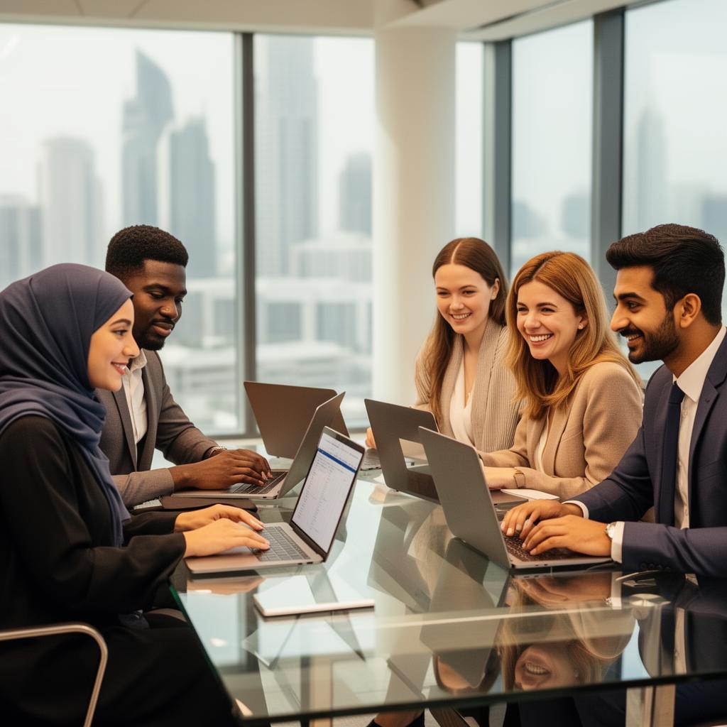 Diverse Doha hiring team in a glass meeting room