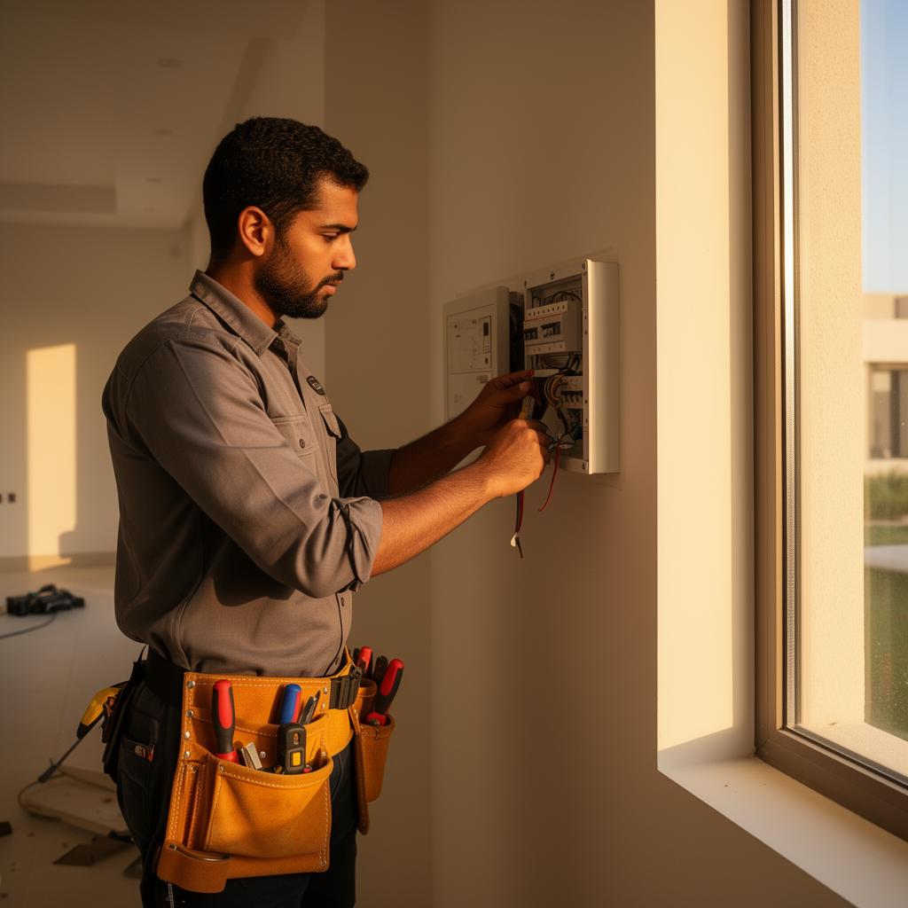 Electrician working on a panel in a Doha villa