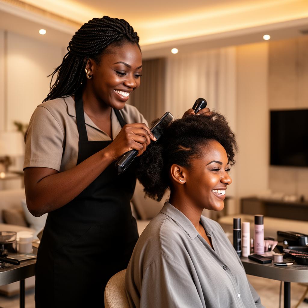 Hairdresser styling a client at home